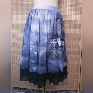 Unique Romantic Cottage Castle Themed Full Circle Skirt, Blue & Black Petticoat